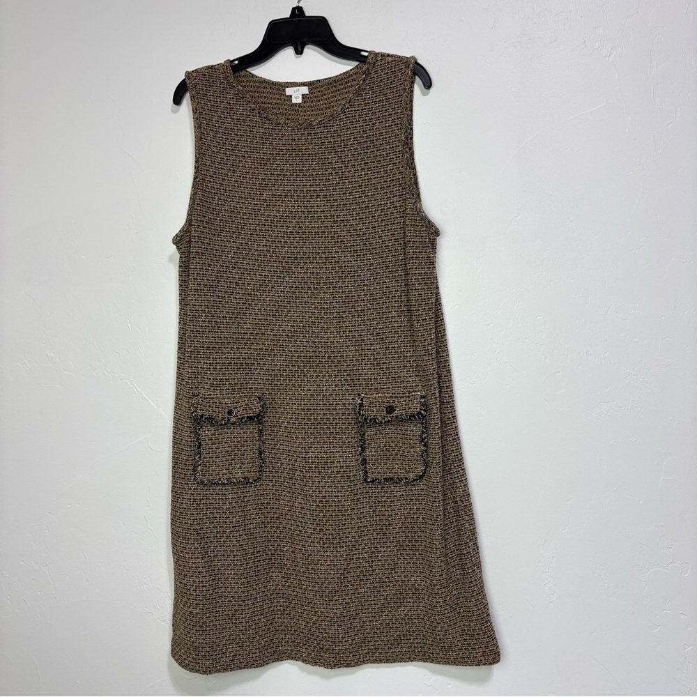 J.Jill Women's Large Tweed Dress Sleeveless Front Pocket Brown Cotton Blend